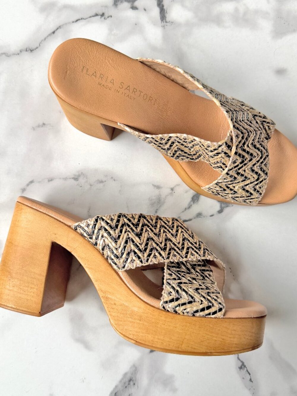 Ilaria Sartori Woven Wooden Platform Clog Mules Size 39